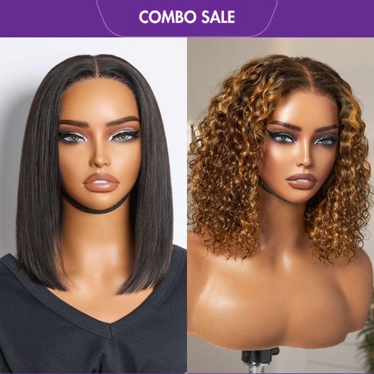 2 For 1 | Silky Straight Glueless 4x4 Closure Lace Wig Middle Part+Ombre Brown Highlight Deep Curly Glueless 5x5 Closure Lace Wig-07