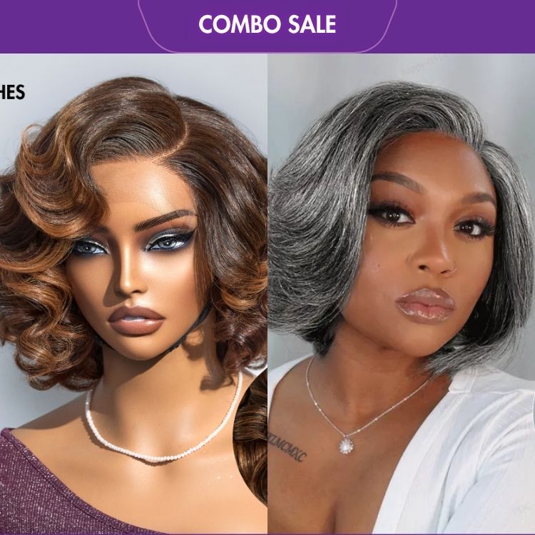 2 For 1 | Brown Ombre Highlight Loose Wave HD Lace Glueless C Part Wig+Layered Bob Glueless Pre-Cut Lace Grey Wig-04