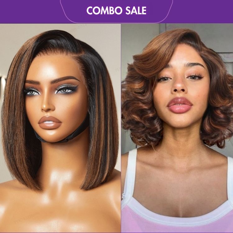 2 For 1 | Brown Highlight Silky Blunt Cut Bob Glueless Lace Wig + Brown Ombre Highlight Loose Wave HD Lace Glueless C Part Wig-05