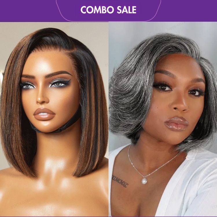 2 For 1 | Brown Highlight Silky Blunt Cut Bob Glueless Lace Wig + Layered Bob Glueless Pre-Cut Lace Grey Wig-05