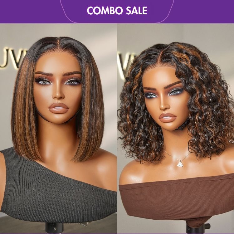 2 For 1 | Highlight Brown Deep Wave 4x4 Closure Lace Wig +Brown Highlight Silky Blunt Cut Bob Glueless Lace Wig-04