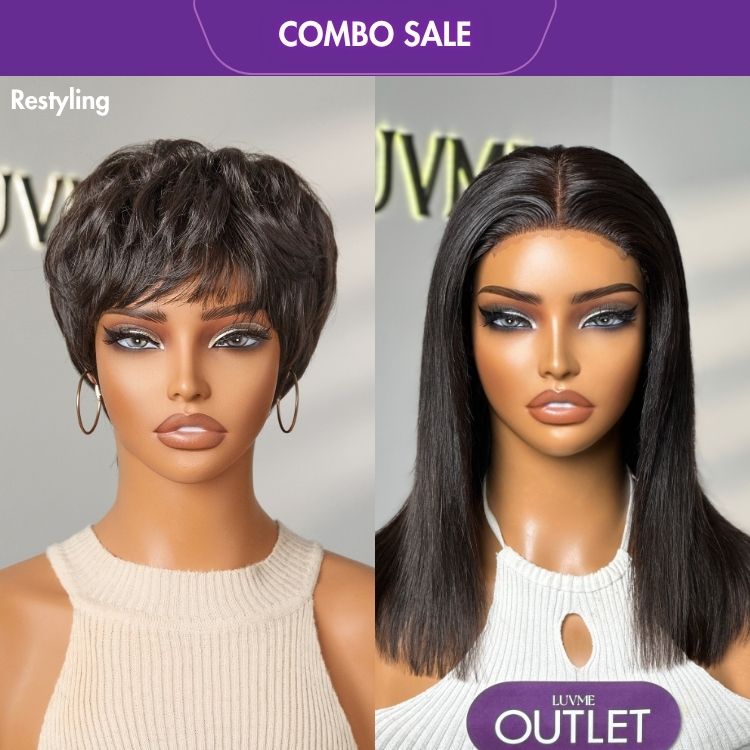 2 For 1 | Hot Pixie Cut Glueless Brazilian Human Hair No Lace Wig + Effortless Straight BOB 4x4 Closure Lace Glueless Mid Part Wig 100% Human Hair-01