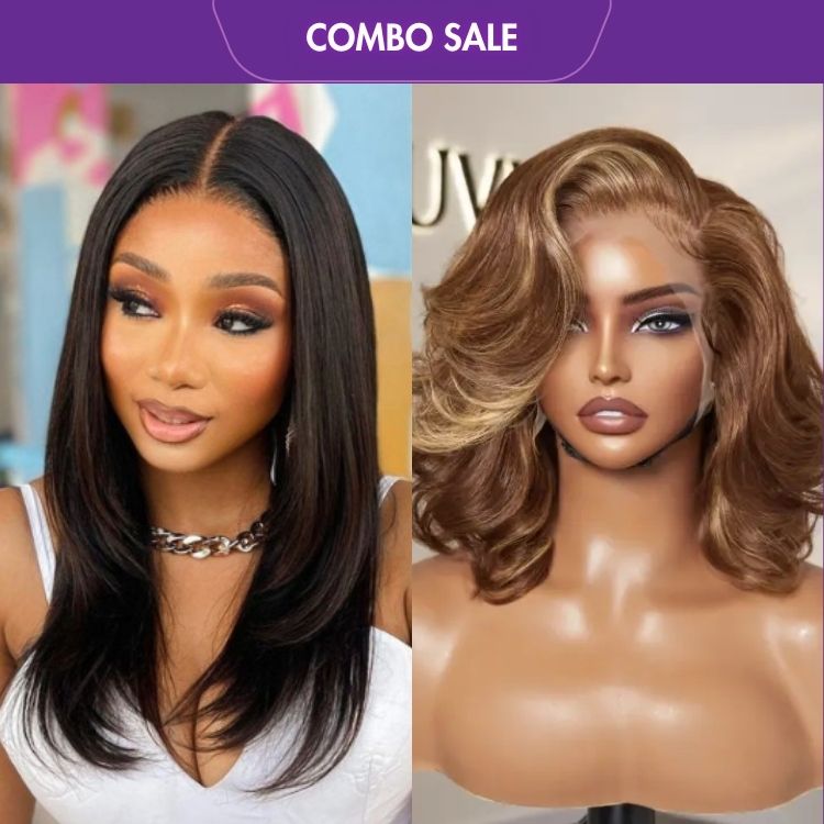 2 For 1 | Brown Highlight Loose Body Wave Glueless 13x4 Frontal Lace Wig+Silky Straight 5x5 Undetectable Invisible Lace Glueless Closure Lace Wig-01