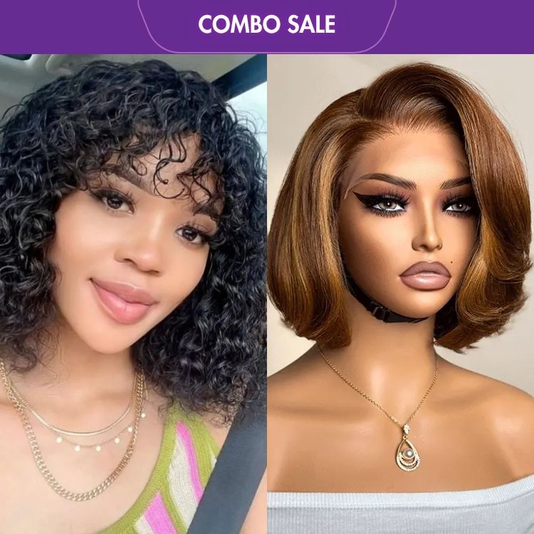 2 For 1 | Natural Color Water Wave Glueless Curly Wig + Limited Design Toffee Brown Mix Blonde Layered Cut Glueless 5x5 Closure Lace Bob Wig-01