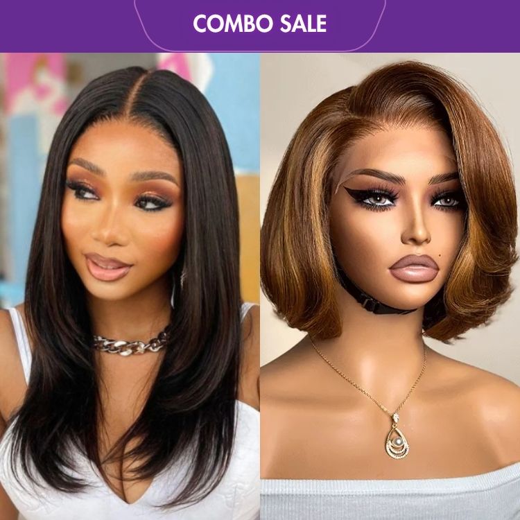 2 For 1 | Silky Straight 5x5 Undetectable Invisible Lace Glueless Closure Lace Wig+ Limited Design Toffee Brown Mix Blonde Layered Cut Glueless 5x5 Closure Lace Bob Wig-01