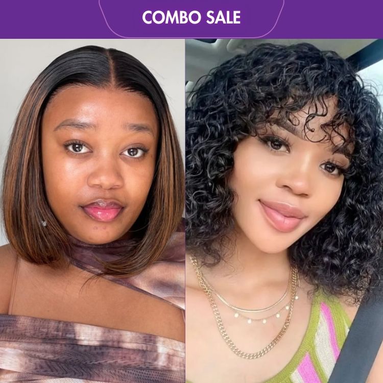 2 For 1 | Brown Highlight 5x5 Closure Lace Bob Wig+Natural Color Water Wave Glueless Curly Wig With Bangs-01
