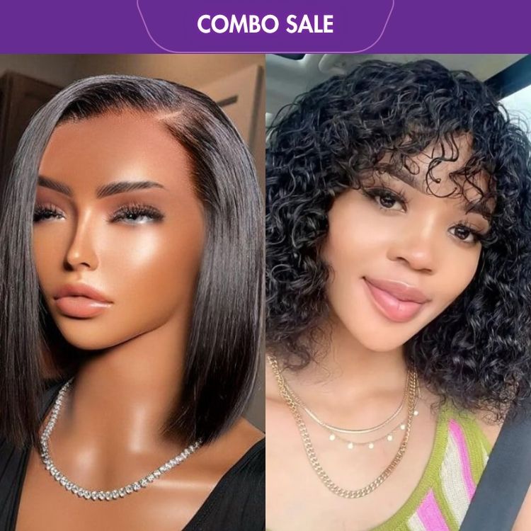 2 For 1 | Water Wave Minimalist Lace Glueless Short Curly Wig+Blunt Cut Straight Bob Minimalist HD Lace Glueless C Part Wig-01