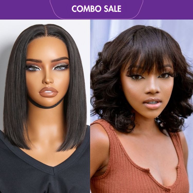 2 For 1 | Glueless Beginner Friendly Soft Wavy Curls Bob Wig With Bangs+Silky Straight Glueless 4x4 Closure Lace Wig Middle Part-05