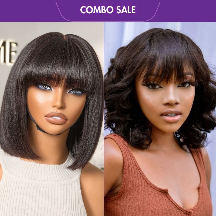 2 For 1 | Glueless Yaki Straight Bob with Bangs Minimalist Lace Wig+Glueless Beginner Friendly Soft Wavy Curls Bob Wig With Bangs-05