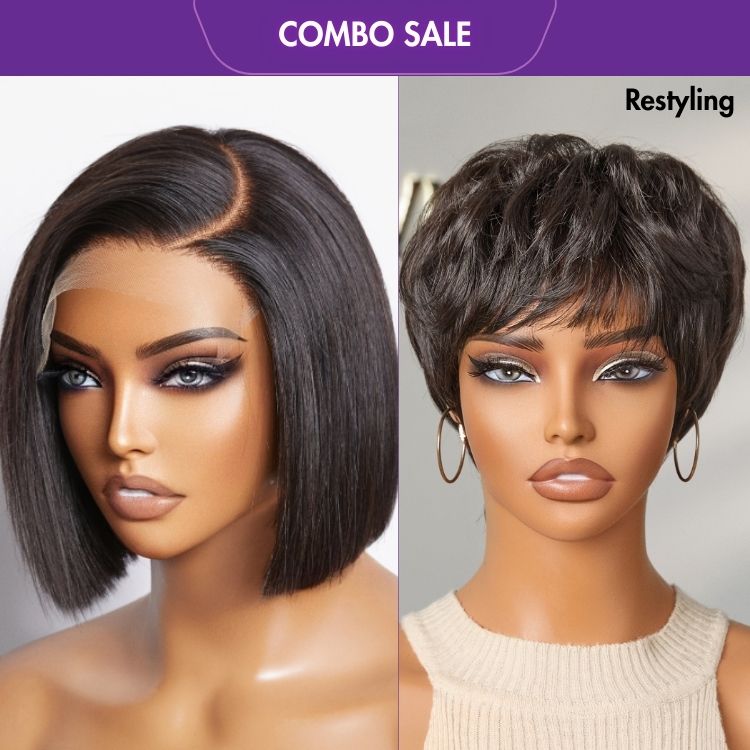 2 For 1 | Hot Pixie Cut Glueless Brazilian Human Hair No Lace Wig + Blunt Cut Straight Bob Minimalist HD Lace Glueless Wig-01