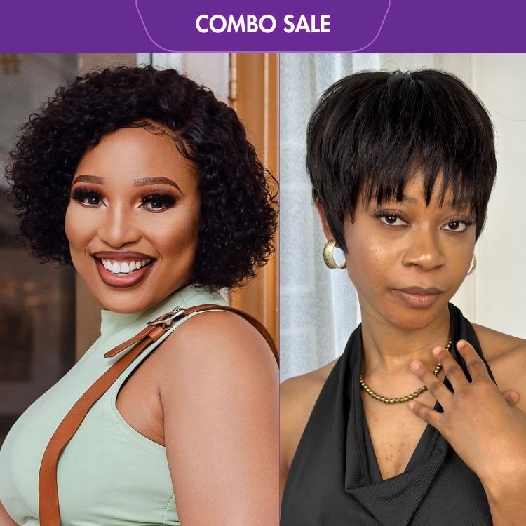 2 For 1 | Hot Pixie Cut Glueless Brazilian Human Hair No Lace Wig + Trendy Short Cut Curly Minimalist HD Lace Glueless Side Part Wig-01