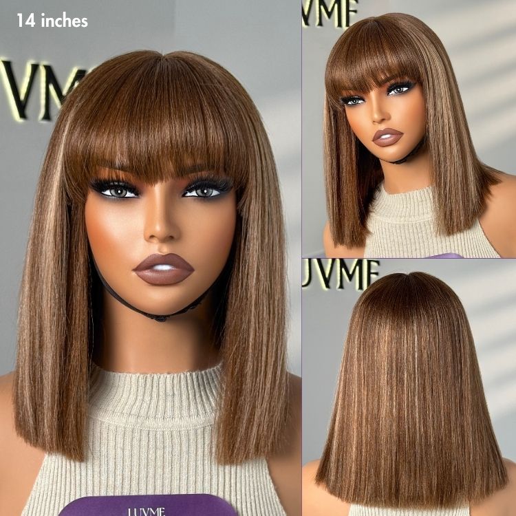 Worth | Honey Blonde Highlight Glueless Yaki Straight Bob with Bangs Minimalist Lace Bob Wig Put on & Go-01