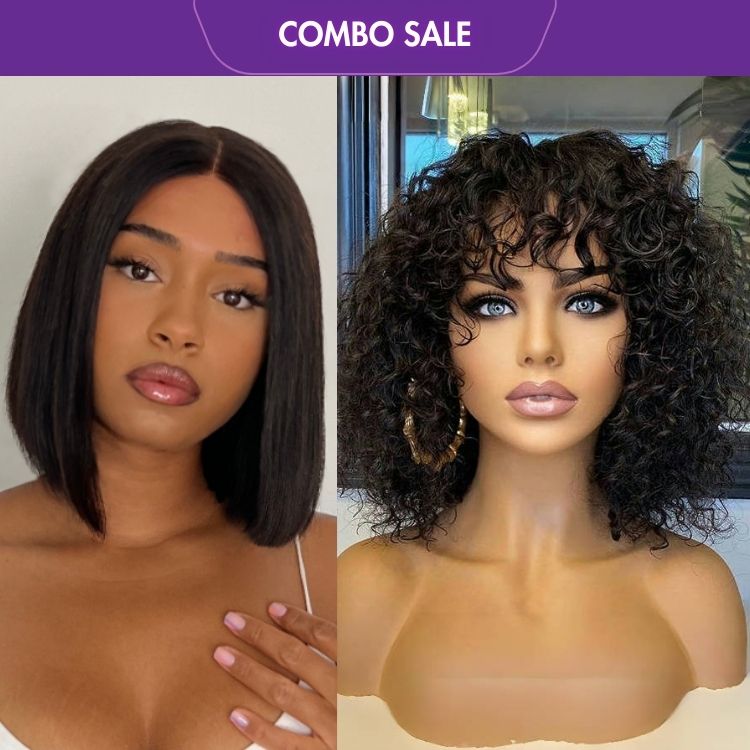 2 For 1 | Water Wave Minimalist Lace Glueless Short Curly Wig+Glueless Middle Part Frontal T Lace Bob Wig-01