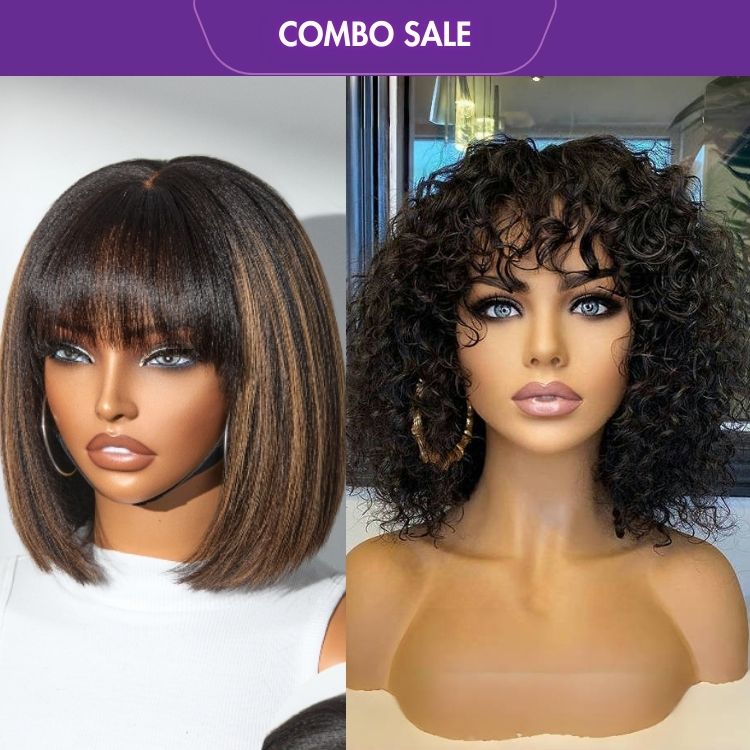 2 For 1 | Brown Highlight Yaki Bob with Bangs Glueless Minimalist Lace Wig Breathable Cap + Water Wave Minimalist Lace Glueless Short Curly Wig-01