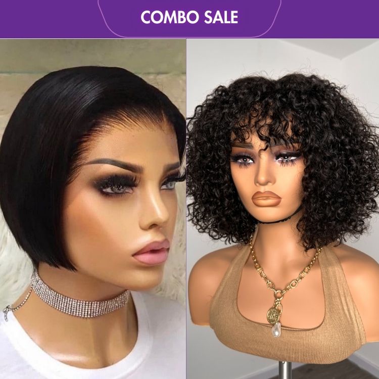 2 For 1 | Natural Black Bob Wigs 13*4 Lace 06 inches Mid Part+Natural Color Water Wave Glueless Curly Wig With Bangs-01