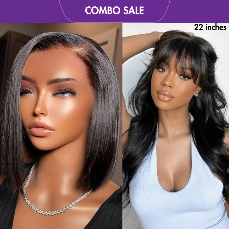 2 For 1 | Trendy Natural Black Body Wave Long Human Hair Wig with Bangs + Stunning Bob Minimalist HD Lace Glueless C Part Short Wig-01