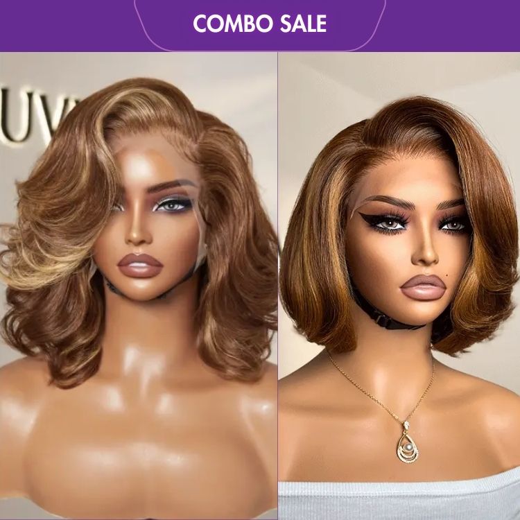2 For 1 | Brown Highlight Loose Body Wave Glueless 13x4 Frontal Lace Wig+Toffee Brown Mix Blonde Layered Cut Glueless Bob Wig-01