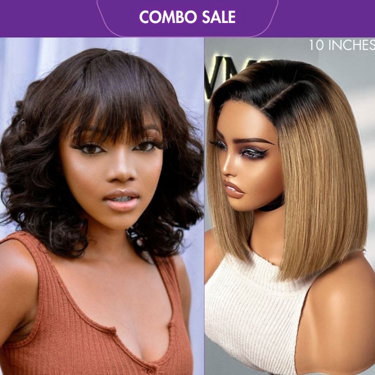 2 For 1 | Glueless Beginner Friendly Soft Wavy Curly Bob Wig With Bangs + Brown Mix Color Glueless 4X4 Closure Lace Wig-01