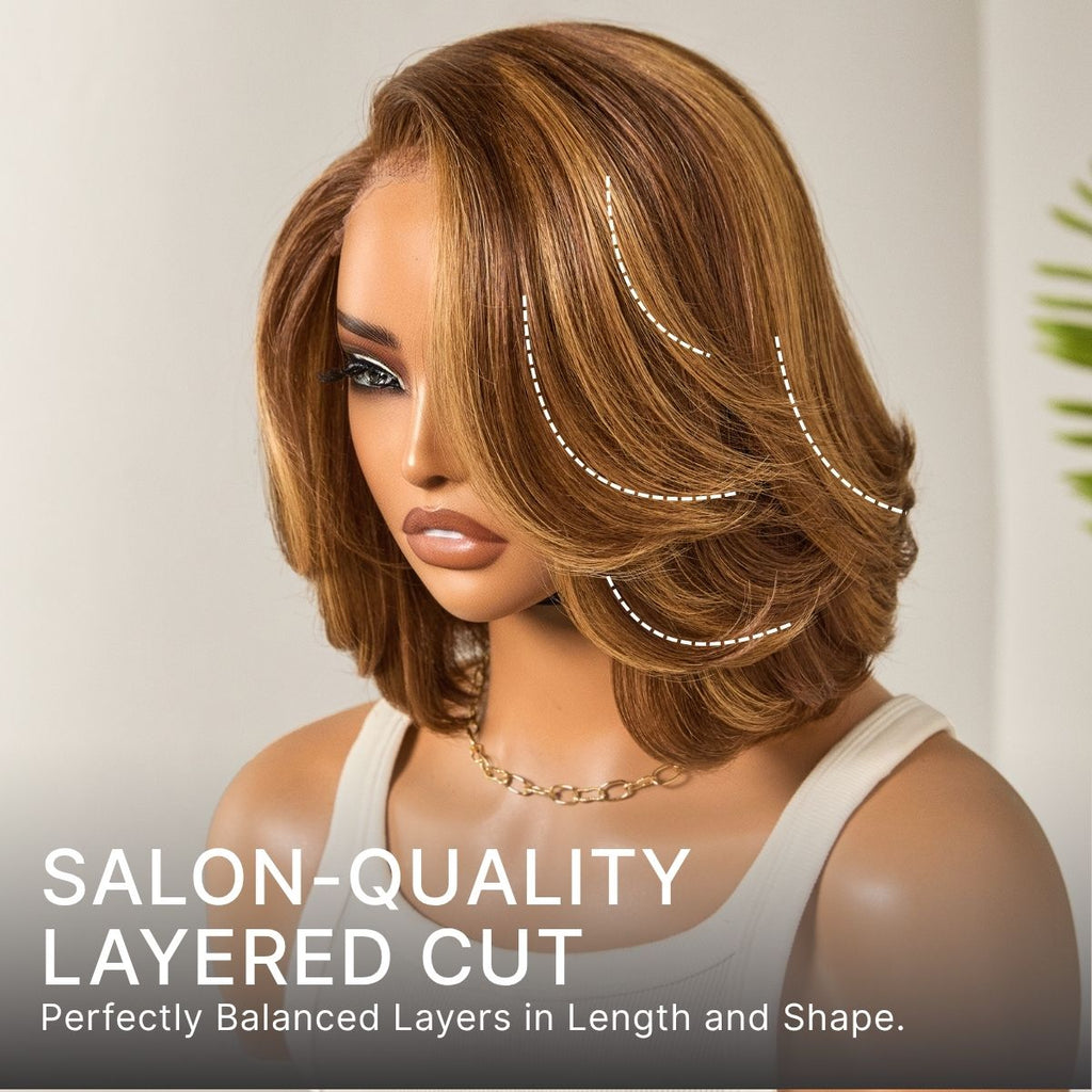 Outlet | Limited Design Toffee Brown Mix Blonde Layered Cut Glueless 5x5 Closure Lace Bob Wig-13