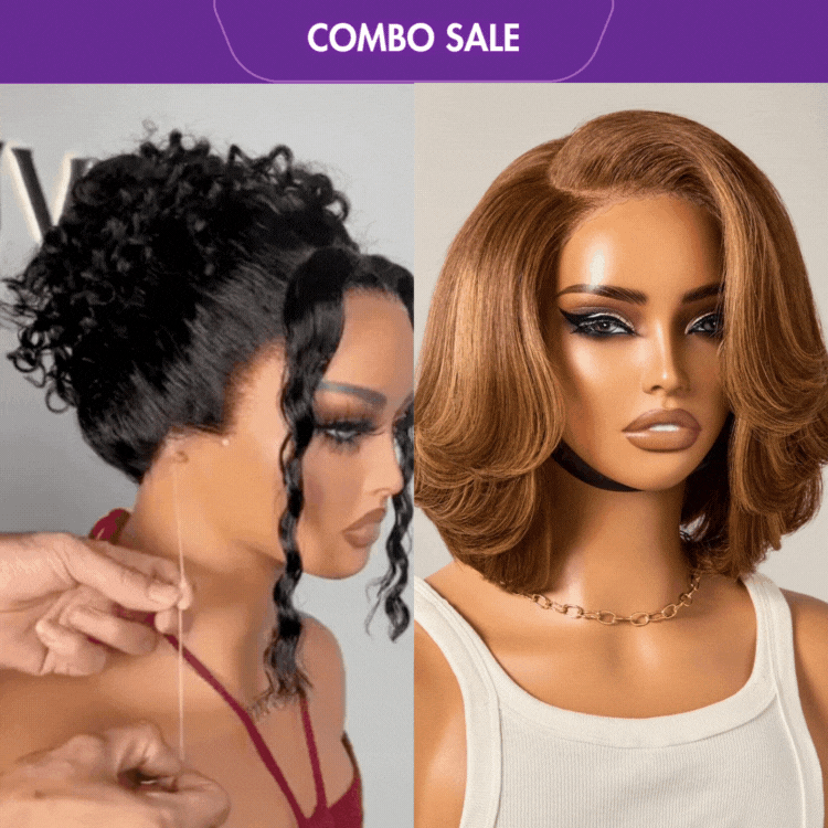 2 For 1 | Glueless 360 Lace Super Natural Hairline Water Wave Free Part Wig+Design Toffee Brown Mix Blonde Layered Cut Glueless 5x5 Closure Lace Bob Wig-01
