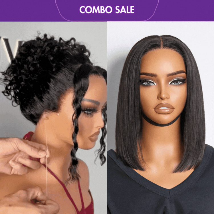 2 For 1 |  Silky Straight Glueless 4x4 Closure Lace Wig Middle Part + Glueless 360 Lace Super Natural Hairline Water Wave Free Part Wig-01