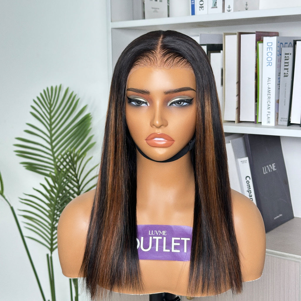 Outlet | Brown Highlight Glueless Silky Straight 13x4 Frontal Lace Wig Pre-Cut Lace-01