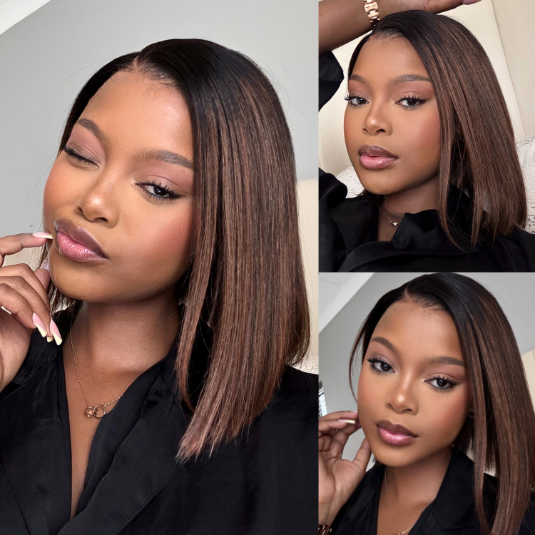 [bigyams]'s Special Link PreMax Wigs | Brown Highlight Silky Blunt Cut Bob Glueless Lace Wig With Pre-Bleached Pre-Plucked Pre-Cut Lace-19