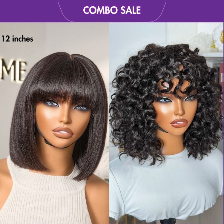 2 For 1 | Glueless Yaki Straight Bob with Bangs Minimalist Lace Wig+Water Wave No Lace Glueless Short Wig With Bangs-01