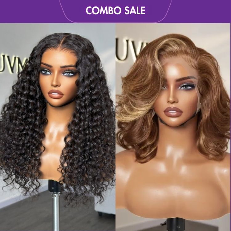 2 For 1 | Glueless Wig Water Wave 4*4 Closure Lace Wig+Honey Blonde Highlight Bouncy Loose Body Wave Glueless 13x4 Frontal Lace Wig-01