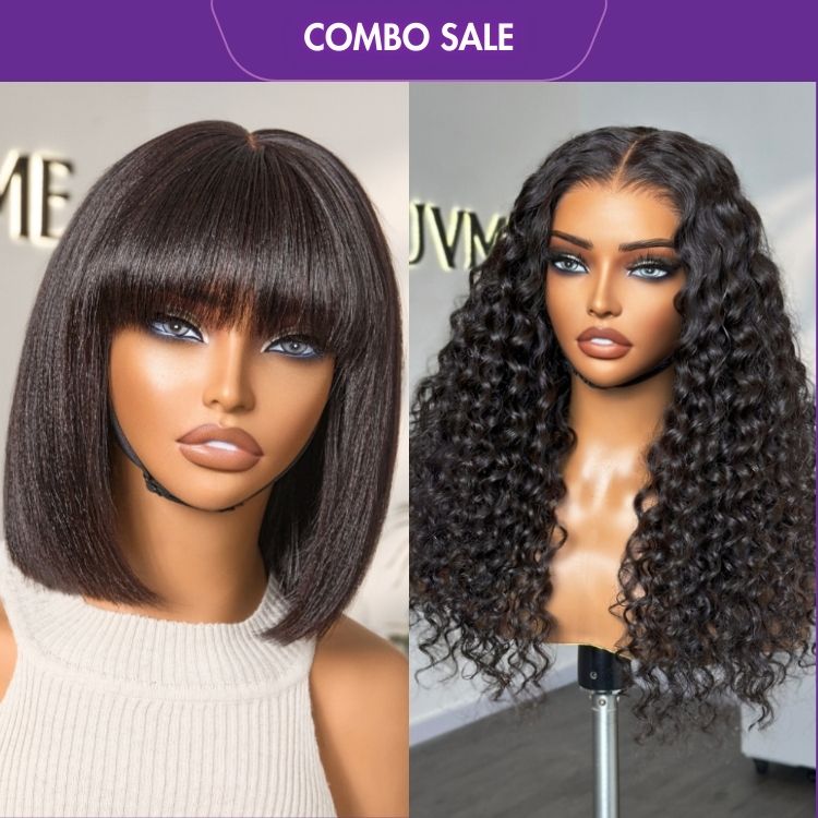 2 For 1 | Glueless Wig Water Wave 4*4 Closure Lace Wig+Put On and Go Realistic Glueless Yaki Straight Bob with Bangs Minimalist Lace Wig-01