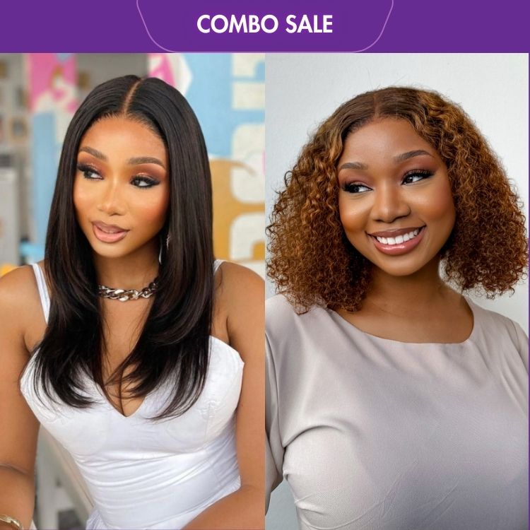 2 For 1 | Blonde Highlight Curly Bob 13x4 Frontal Lace 12 inches Wig+Silky Straight 7x6 Lace Glueless Closure Lace Wig-01