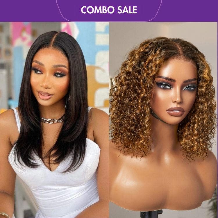 2 For 1 | Ombre Brown Highlight Deep Curly Glueless 5x5 Closure Lace Wig+Silky Straight 7x6 Lace Glueless Closure Lace Wig-01