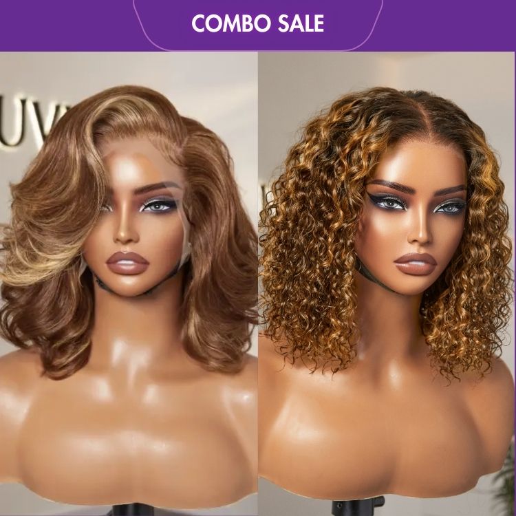 2 For 1 | Ombre Brown Highlight Deep Curly Glueless 5x5 Closure Lace Wig+Honey Blonde Highlight Bouncy Loose Body Wave Glueless 13x4 Frontal Lace Wig-01