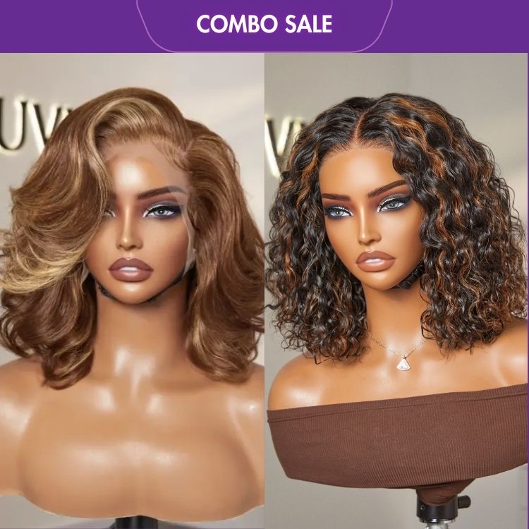 2 For 1 | Highlight Brown 180% Density Deep Wave 4x4 Closure Lace Wig +Honey Blonde Highlight Bouncy Loose Body Wave Glueless 13x4 Frontal Lace Wig-01