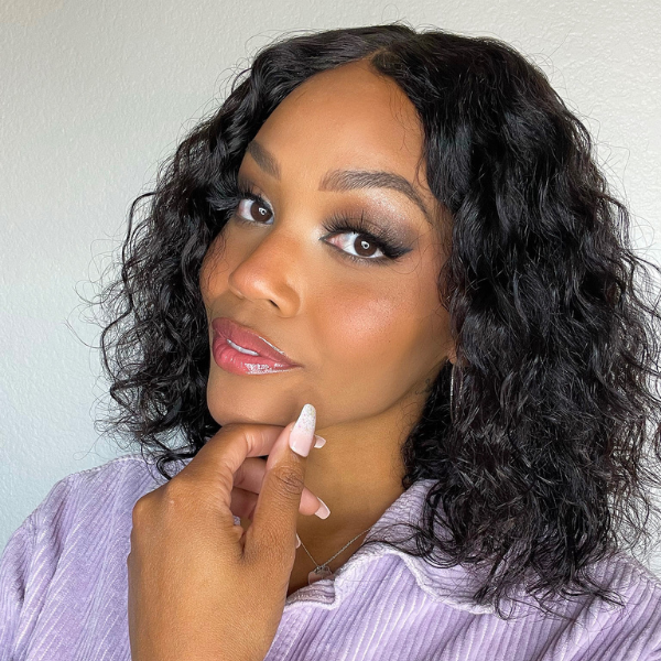 Casual Natural Black Curly 4x4 Closure Lace Glueless Mid Part Shoulder Length Wig 100% Human Hair-01