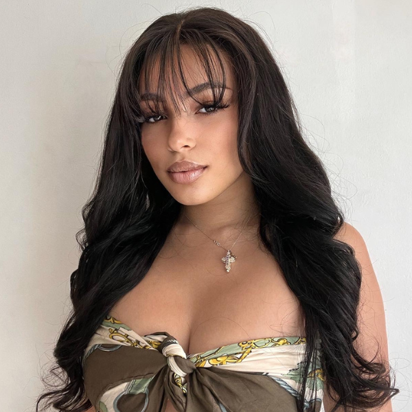 Worth I Trendy Natural Black Body Wave 13x4 Frontal HD Lace Long Human Hair Wig with Bangs-01