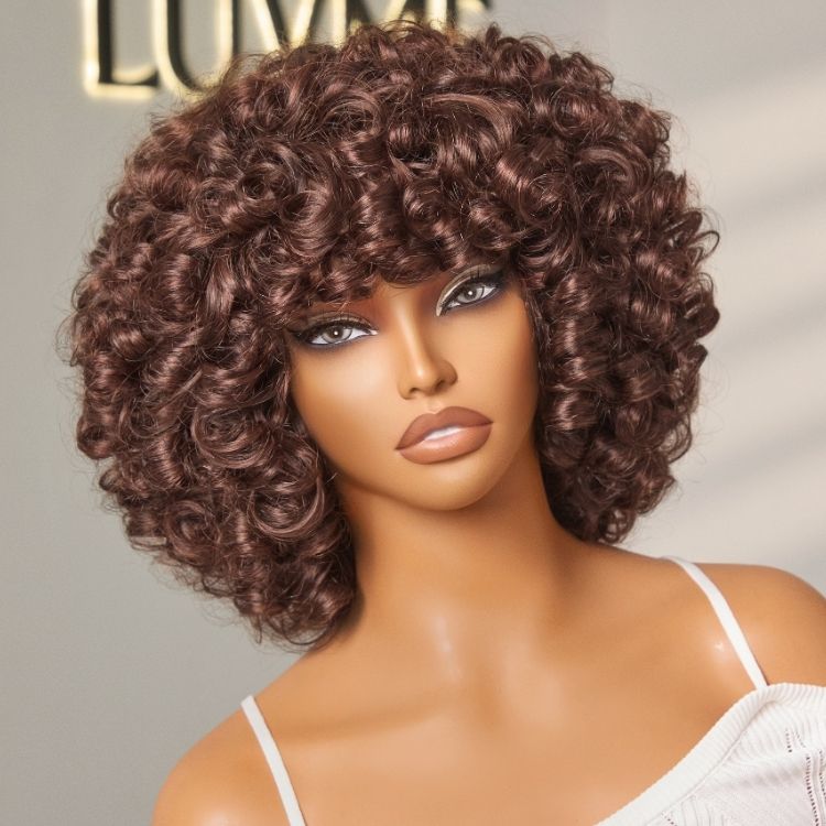 180% Density ReadytoGo Chestnut Brown Fluffy Rose Curl 12 inches Short Wig With Bangs 100% Human Hair-03