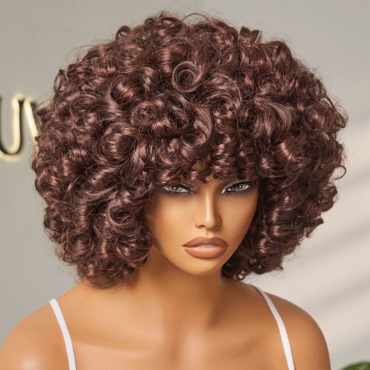 180% Density ReadytoGo Chestnut Brown Fluffy Rose Curl 12 inches Short Wig With Bangs 100% Human Hair-04