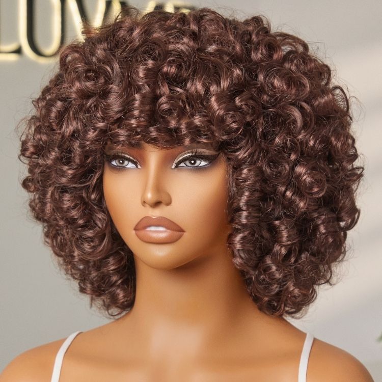 180% Density ReadytoGo Chestnut Brown Fluffy Rose Curl 12 inches Short Wig With Bangs 100% Human Hair-02
