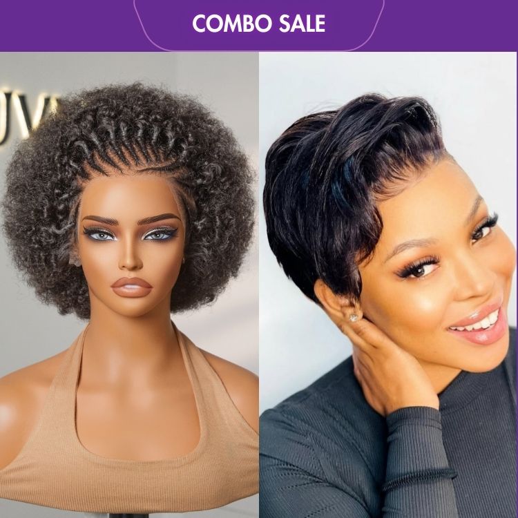 2 For 1 | Super Hot Pixie Cut Glueless HD Lace Wig + 170% Density ReadytoGo Knotless Fulani Braids Natural Afro Glueless 13x4 Frontal Lace Wig-01