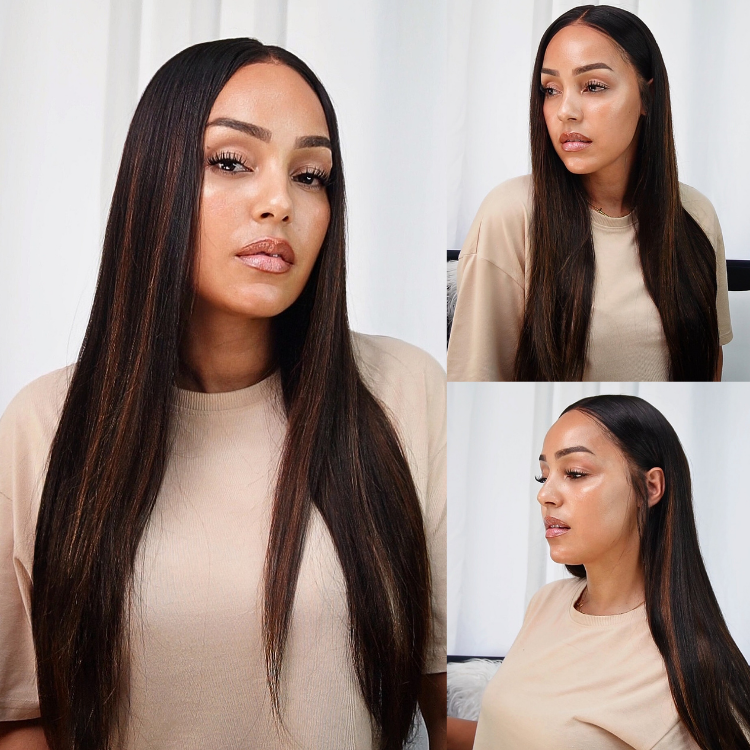 [morgantasneem]'s Special Link PreMax Wigs | Ultra Natural Hairline Brown Highlight & Natural Black Silky Straight Glueless 13x4 Frontal Lace Long Wig Pre-Cut Lace-01