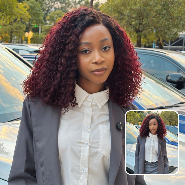 [morgantasneem]'s Special Link VolumeMAX™ 200% Density ReadytoGo Beginner Friendly Ombre Burgundy Glueless 5x5 Closure Lace HD Lace 14 inches Curly Wig-03