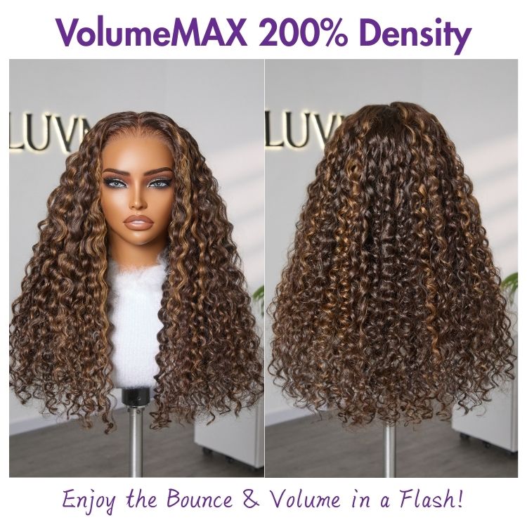 VolumeMAX 200% Density Brown Highlights Flexi-Fit Invisi Drawstring Cap Glueless 360 Lace Super Natural Hairline Water Wave Free Part 100% Human Hair Wig-05