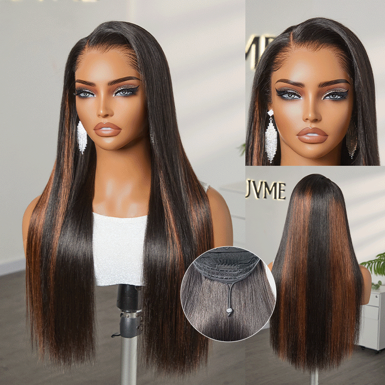 [oh_smallstuff]'s Special Link NatureMAX™ Pre-do Lagos Hairline Flexi Fit Invisi Drawstring Cap Natural Black & Copper Ombre Highlights Silky Straight Glueless 13x4 Frontal HD Lace Wig Pre-Cut Lace-07