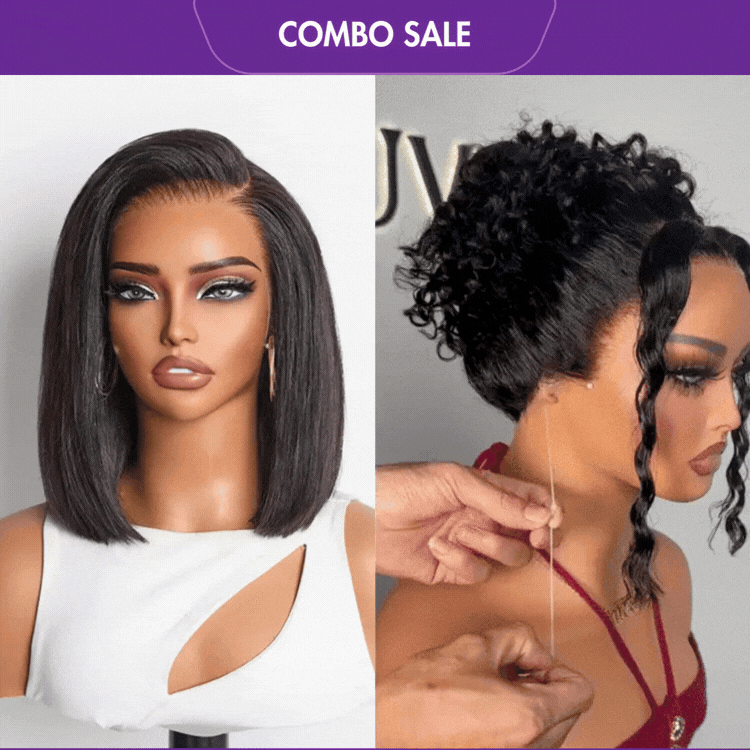 2 For 1 | Glueless 360 Lace Super Natural Hairline Water Wave Free Part Wig+NatureMAX™ Silky Blunt Cut Bob Glueless Ear-to-ear 13x4 HD Lace Front Wig Flexi-Fit Drawstring Cap-01