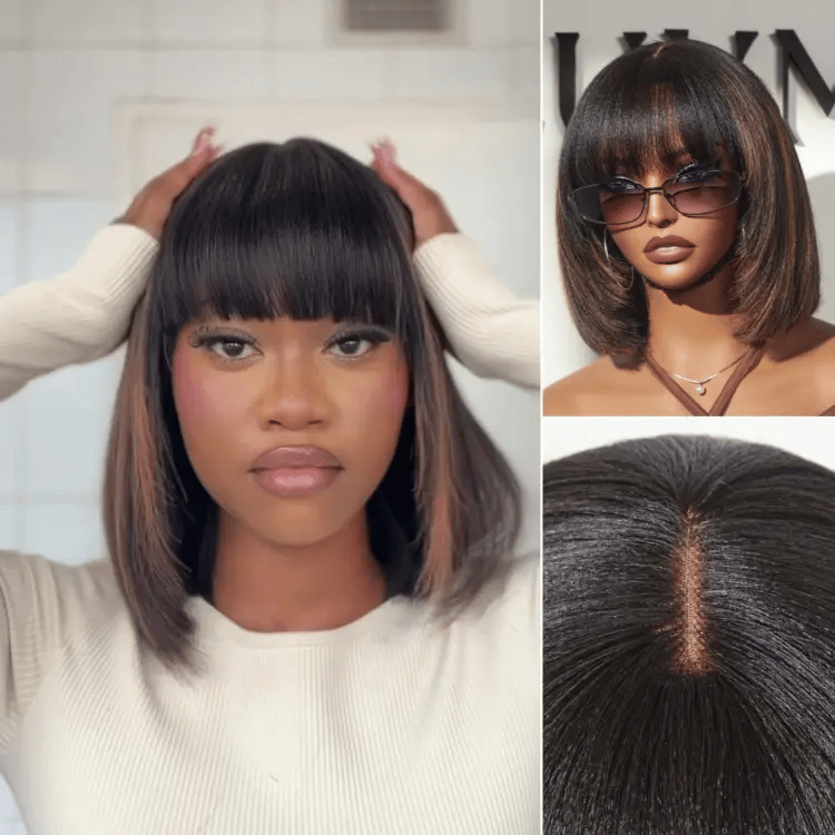 special I Put On and Go Brown Highlight / Natural Black Layered Cut Yaki Straight Minimalist Lace Bob Wig with Bangs-01