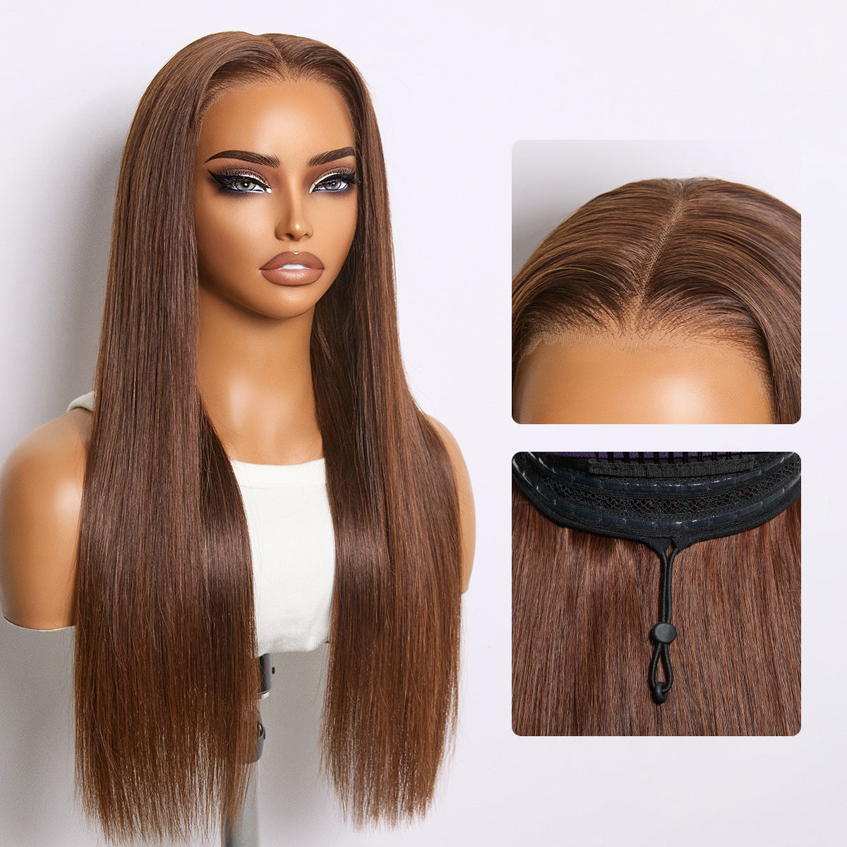 OUTLET I Rich Chocolate Brown Silky Straight 180% Density Glueless 13x4 Lace Frontal Wig Flexi-Fit Drawstring Cap-SA ONLY-01