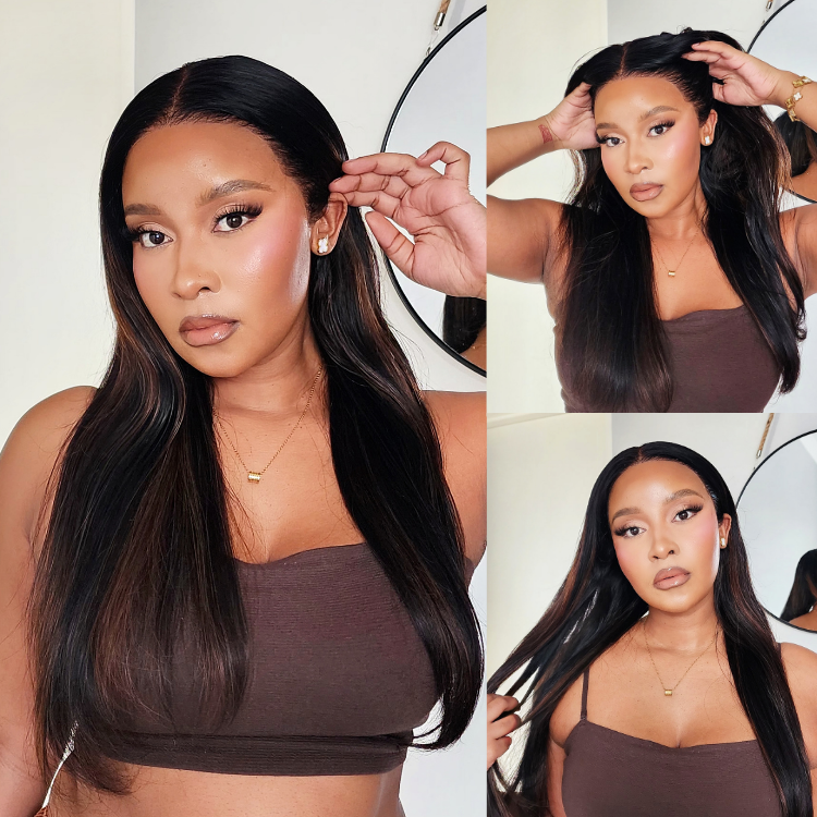 [tobeymbatha7]'s Special Link PreMax Wigs | Ultra Natural Hairline Brown Highlight & Natural Black Silky Straight Regular Cap & Drawstring Cap Glueless 13x4 Frontal Lace Long Wig Pre-Cut Lace-01