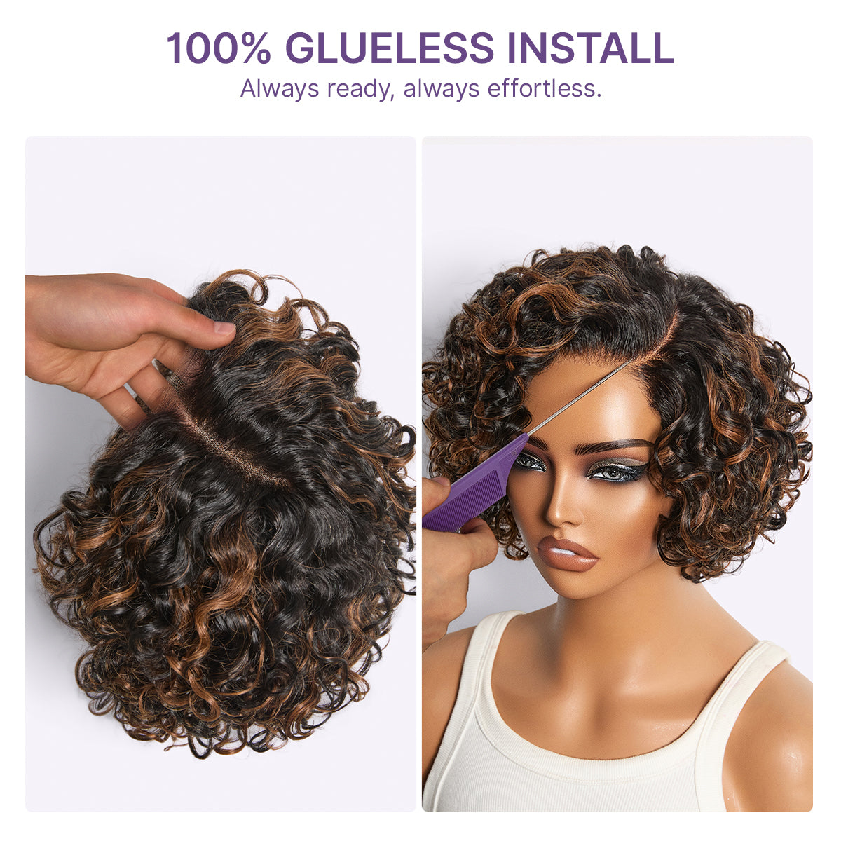 Brown Highlight Water Wave Pixie Cut Glueless Minimalist HD Lace Short Curly Wig-05