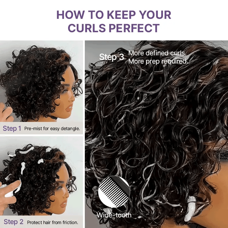 Brown Highlight Water Wave Pixie Cut Glueless Minimalist HD Lace Short Curly Wig-06